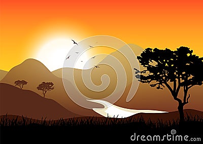 Exotic landscape. Savannah of south America. Desert and mountains of Africa. Tourism and travelling. Vector Illustration